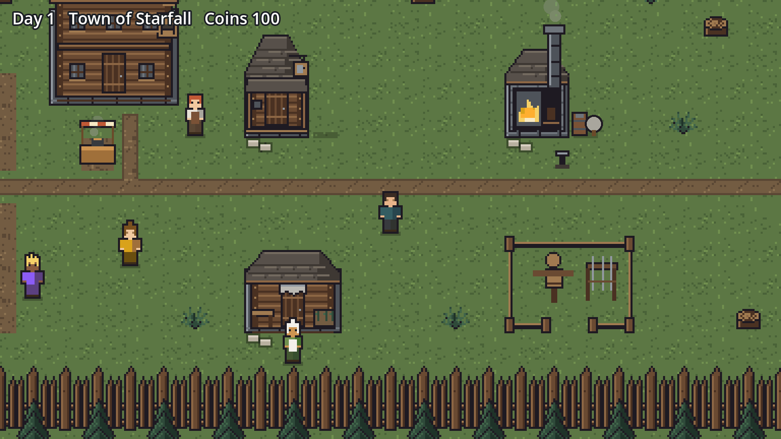 Starfall, a log-walled frontier town: the inn, a tavern, a stone smithy, a healer's hut and a training yard along a mud road inside the palisade