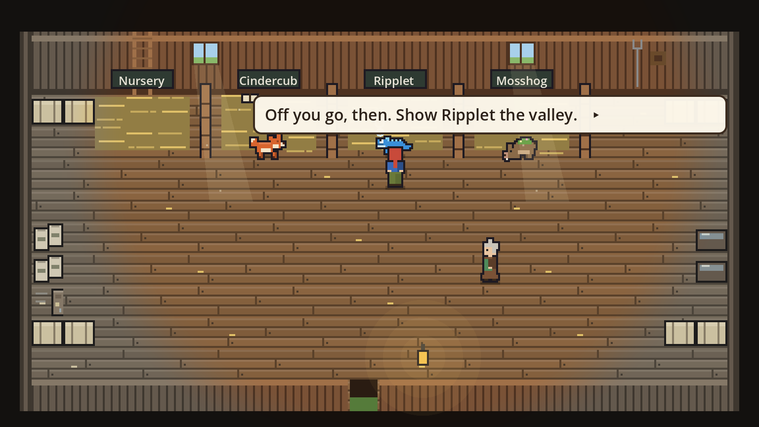 Inside Maren's barn, colour flooding out as the player chooses Ripplet
