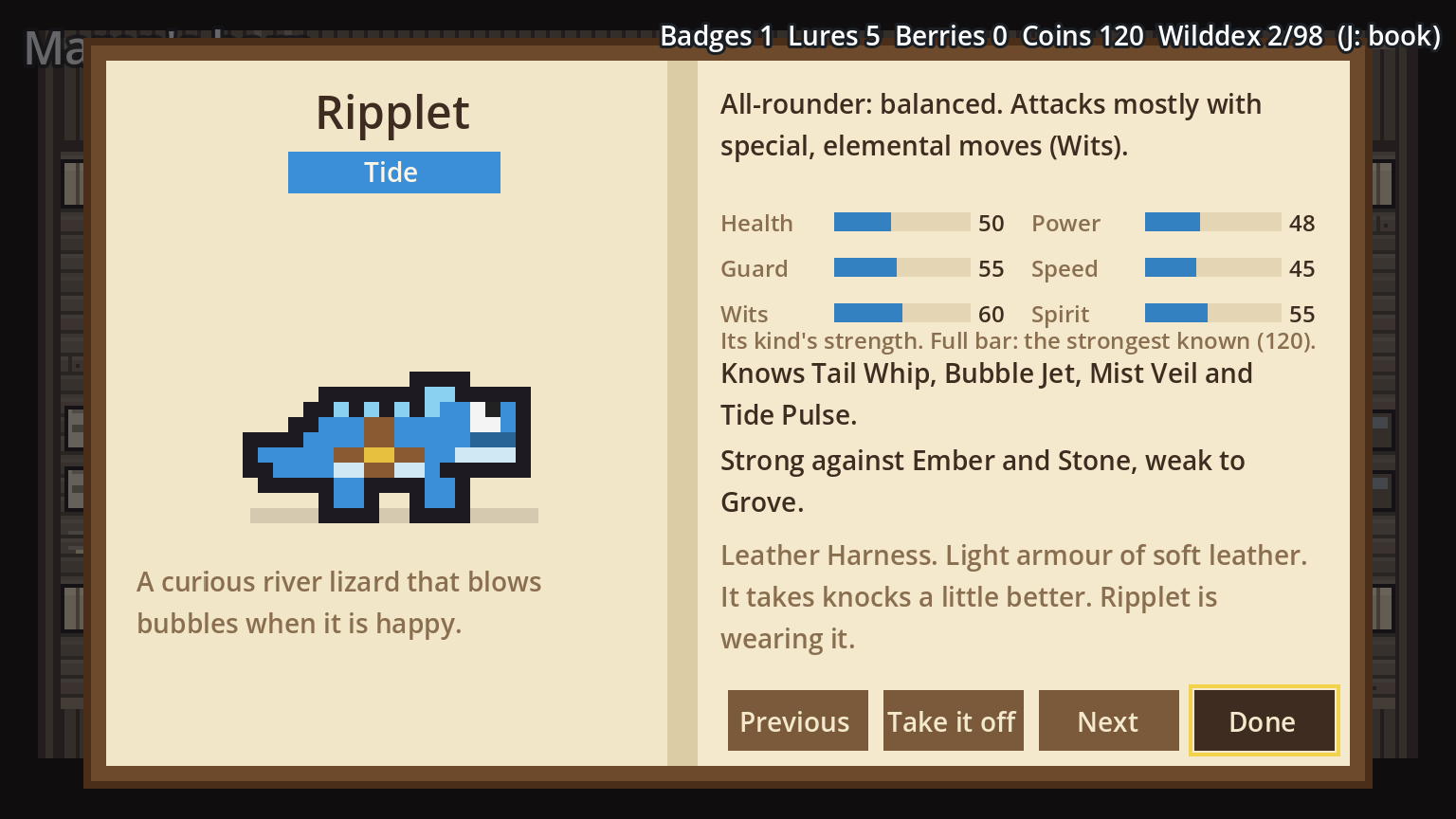 A creature page: Ripplet wearing a leather harness, with its stats